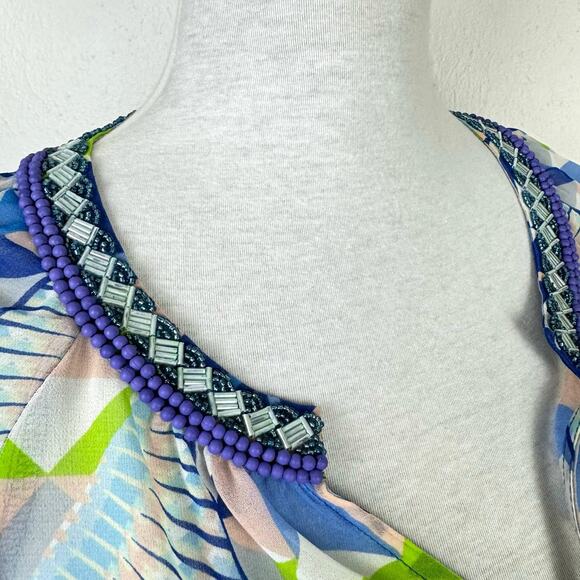 Hale Bob | Blue & Green Print Beaded Embellished V-neck Long Sleeve Blouse - Picture 6 of 12